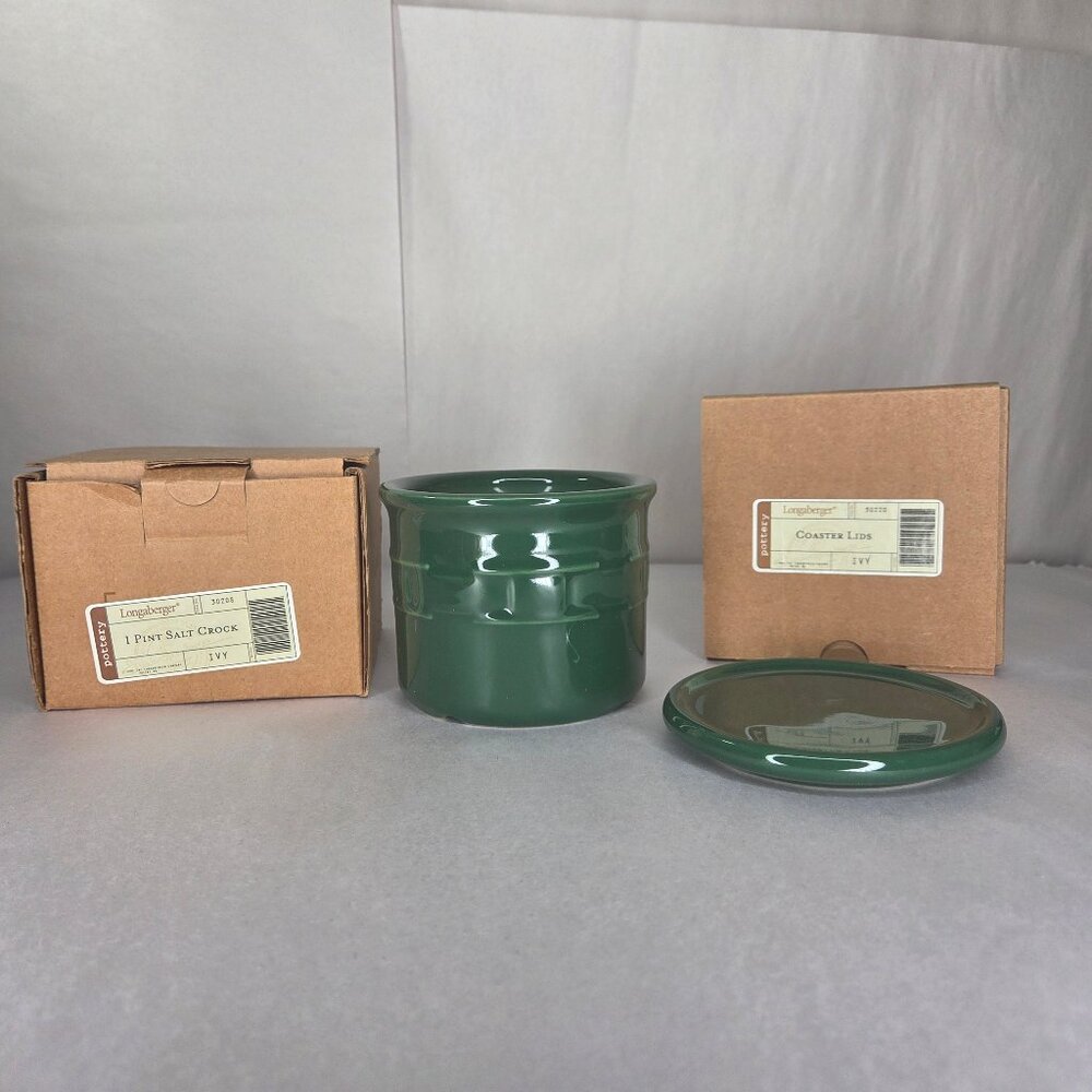 Longaberger Pottery 1 Pint Salt Crock with Lid / Coaster & Candle Ivy Green